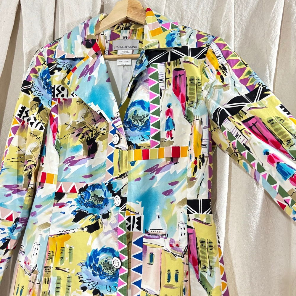 Sharon Young Multi Color‎ Abstract Art Print Cotton Blend A-Line Coat Size 6